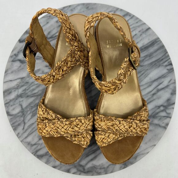 Stuart Weitzman Womens 7.5 Sandals Camel Crochet Braid Wedge Espadrille Platform - Picture 8 of 12
